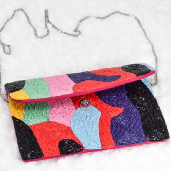 Multicolor Abstract Pattern Seed Bead Clutch Bag - Picture 1 of 8